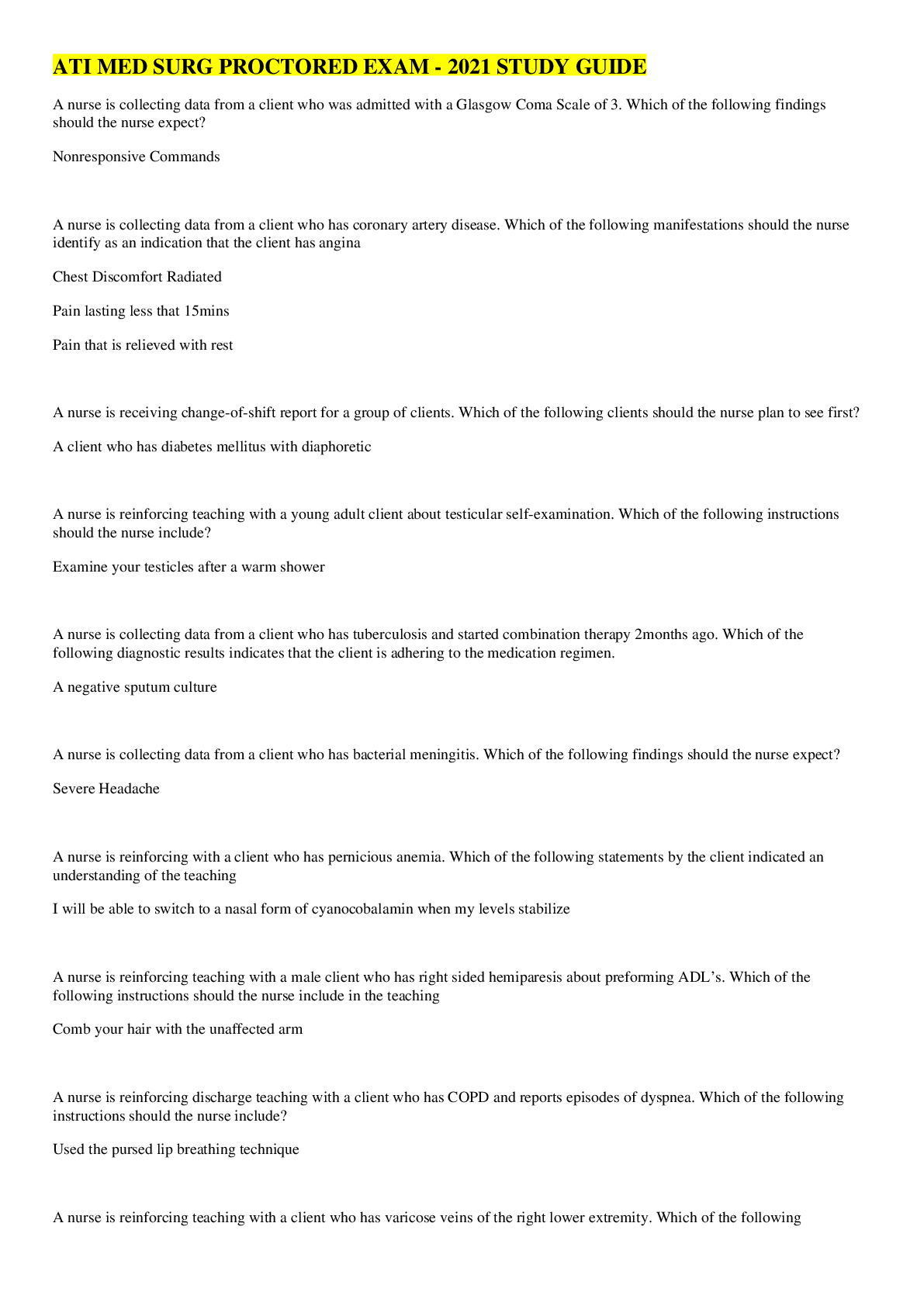 Preview image for ATI MED SURG PROCTORED EXAM - 2021 STUDY GUIDE